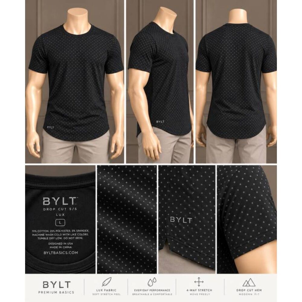 BYLT Men's Drop Cut Lux S/S T-Shirt Black Polka Dot Size L
